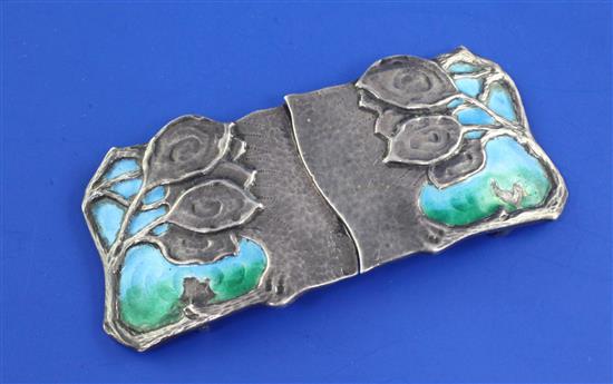 An Edwardian Art Nouveau silver and enamel buckle by George Lawrence Connell, 3.5in.